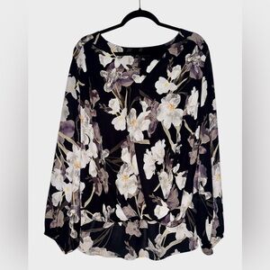 INC Floral Black Long-Sleeve Blouse - White & Purple Flower Print💕